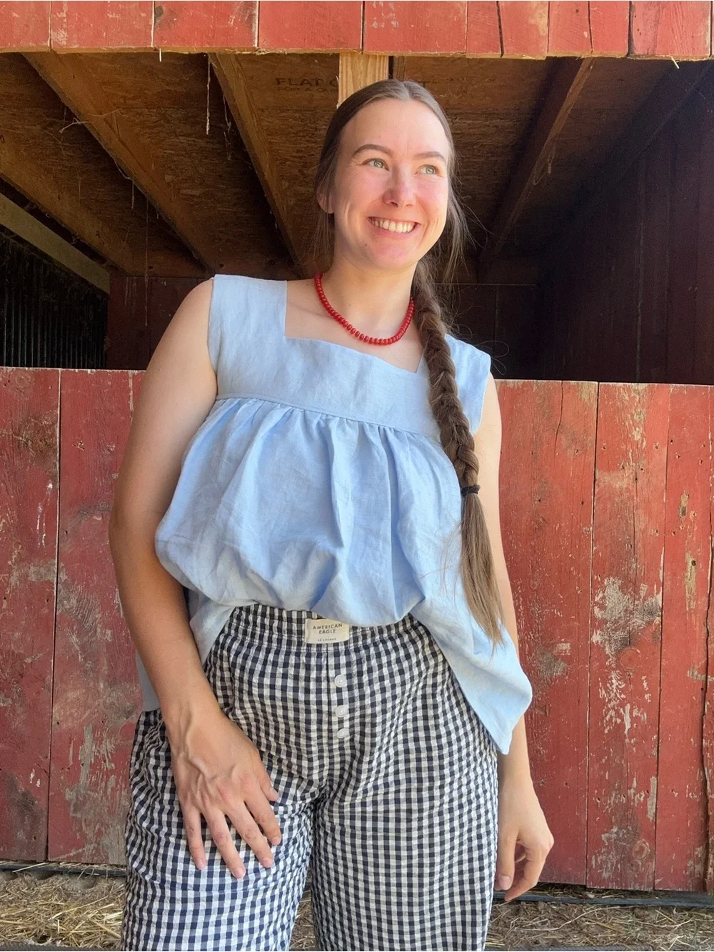 Light Blue Square-Neck Linen Tank Top